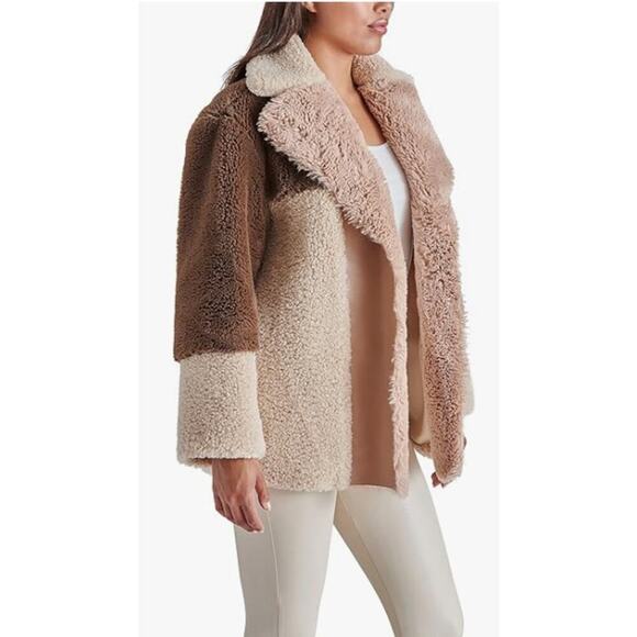 Steve Madden Willow Coat Womens M Medium NEW Teddy Colorblock Tan Brown Beige - Picture 2 of 11